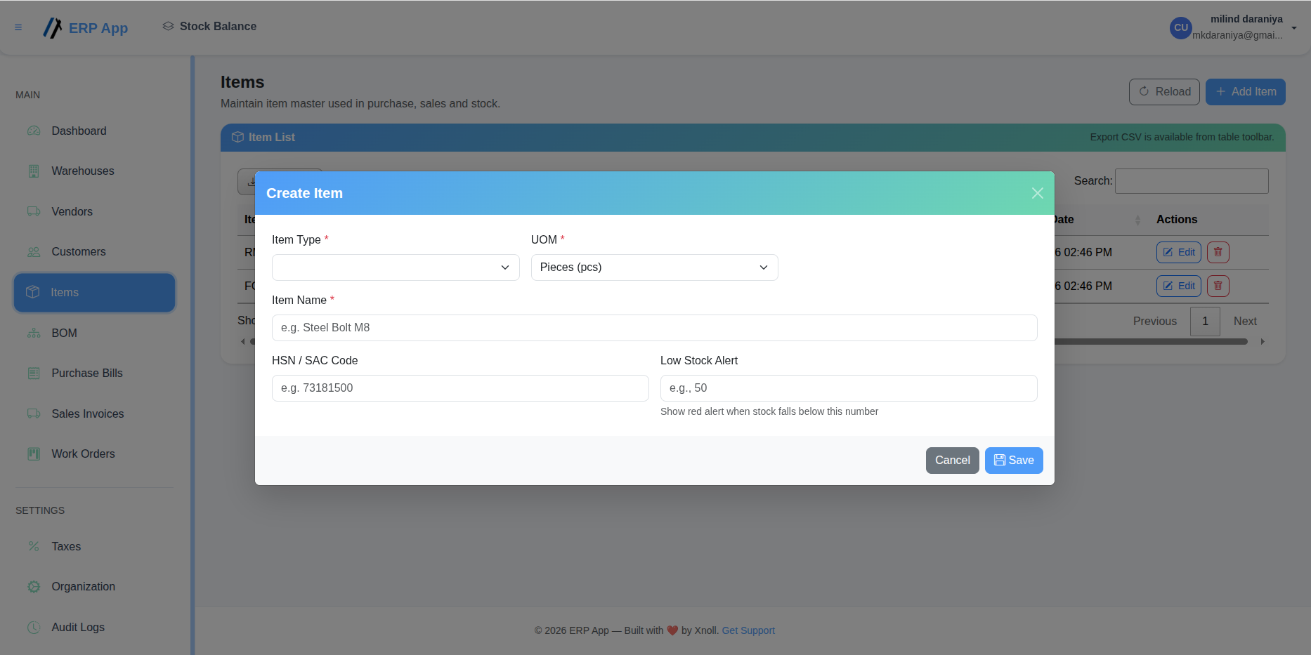 Item Creation - Xnoll ERP Online App