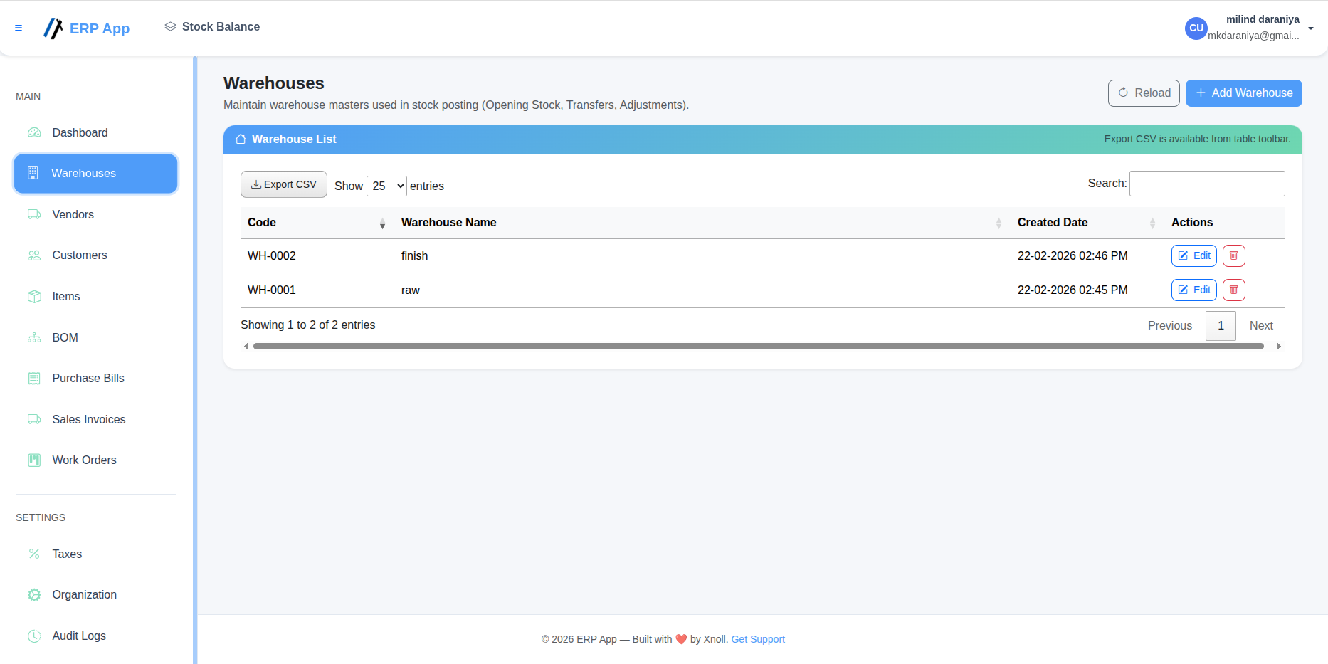 Warehouses - Xnoll ERP Online App